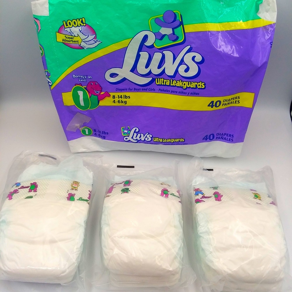 Luvs‎ Ultra Leakguards Size 1 Diapers Barney Print 9 Count Vintage 1999 USA